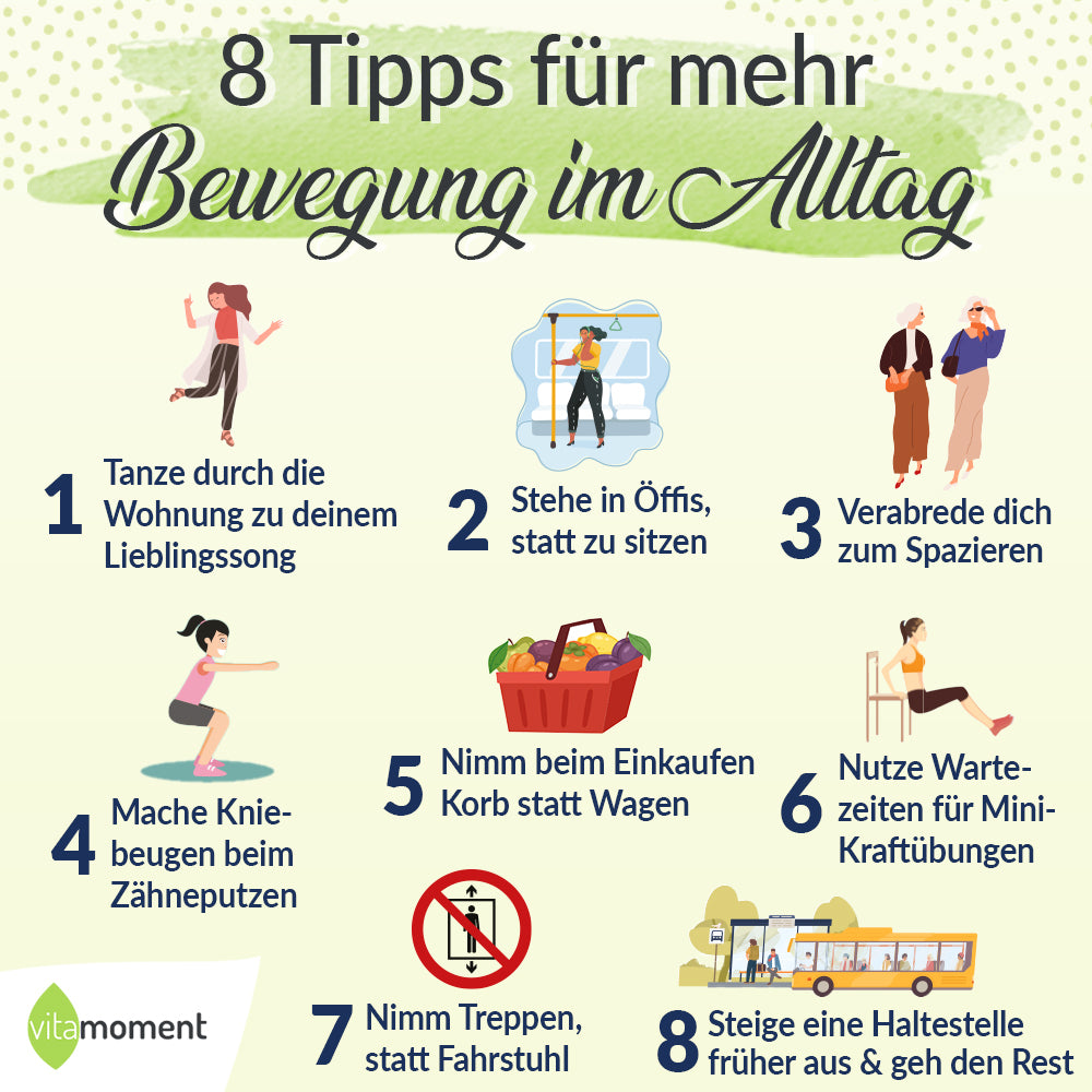 Infografik: 8 Tipps für mehr Bewegung im Alltag