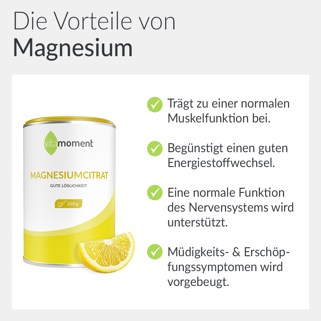 Magnesiumcitrat-Pulver: Infografik Vorteile von Magnesium