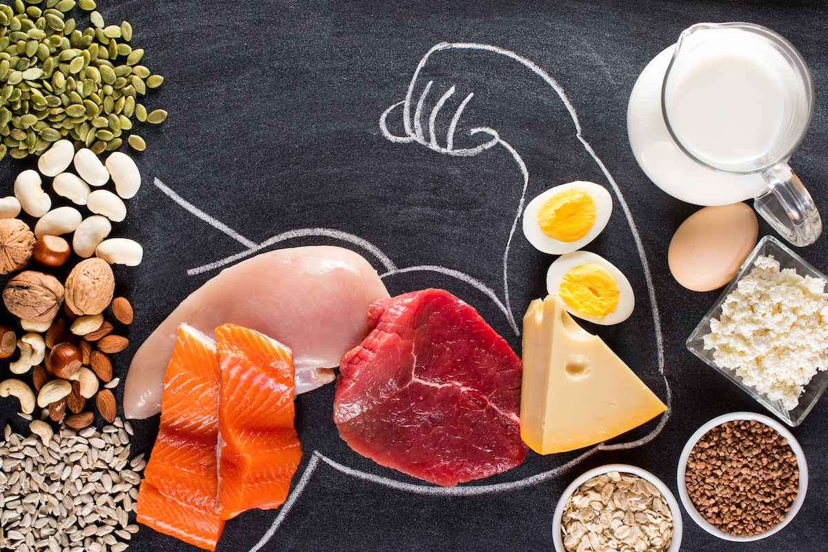 Ein Modell eines Bizeps, mit Kreide auf eine Tafel gezeichnet. Gefüllt ist der Bizeps mit eiweißreichen Lebensmitteln wie Hähnchen, Käse und Eiern